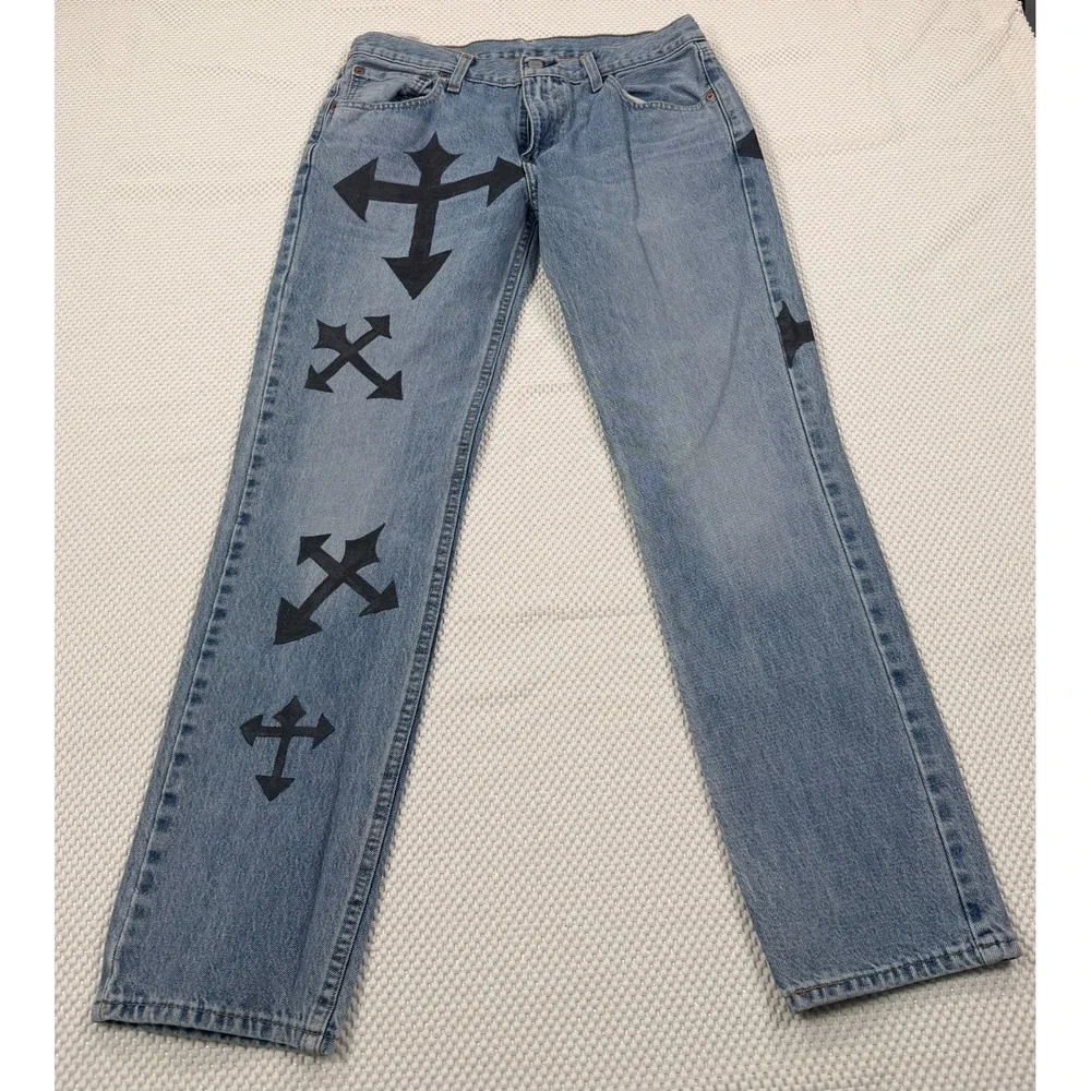 Levi's 511 Slim Jeans W32 L30 Light Wash Custom Cross Graphic Denim Pants